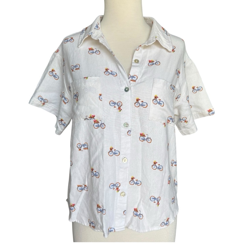 Rae Dunn Bicycle Print Button Down Shirt Women's Large White Linen Blend Top - Picture 1 of 7